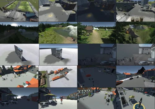 Masterarbeit - Verschiedene Szenen und darin Kameraperspektiven der Simulation, z.B. Solarpark, Innenhof, See, Marktplatz